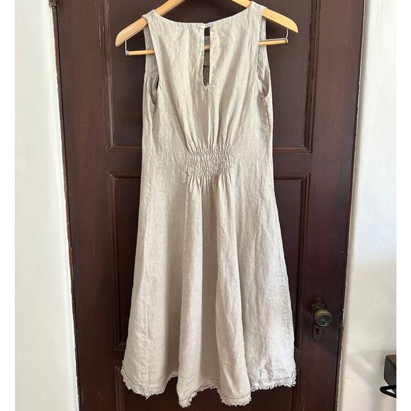 COSMO | Natural Linen Raw Hem High Neck Swing Dress Lagenlook | Size Extra Small - Picture 5 of 6